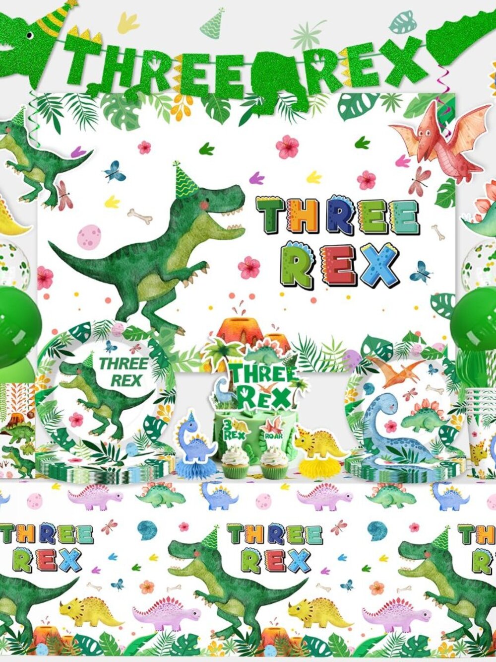 188Pcs Three Rex Birthday Decorations Boy Tableware Set, Serves 25